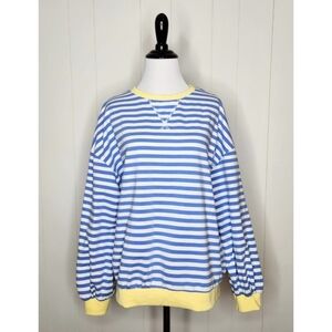 Blue & White Striped Long Sleeve Pullover Crew Sweatshirt Women's Size Medium
